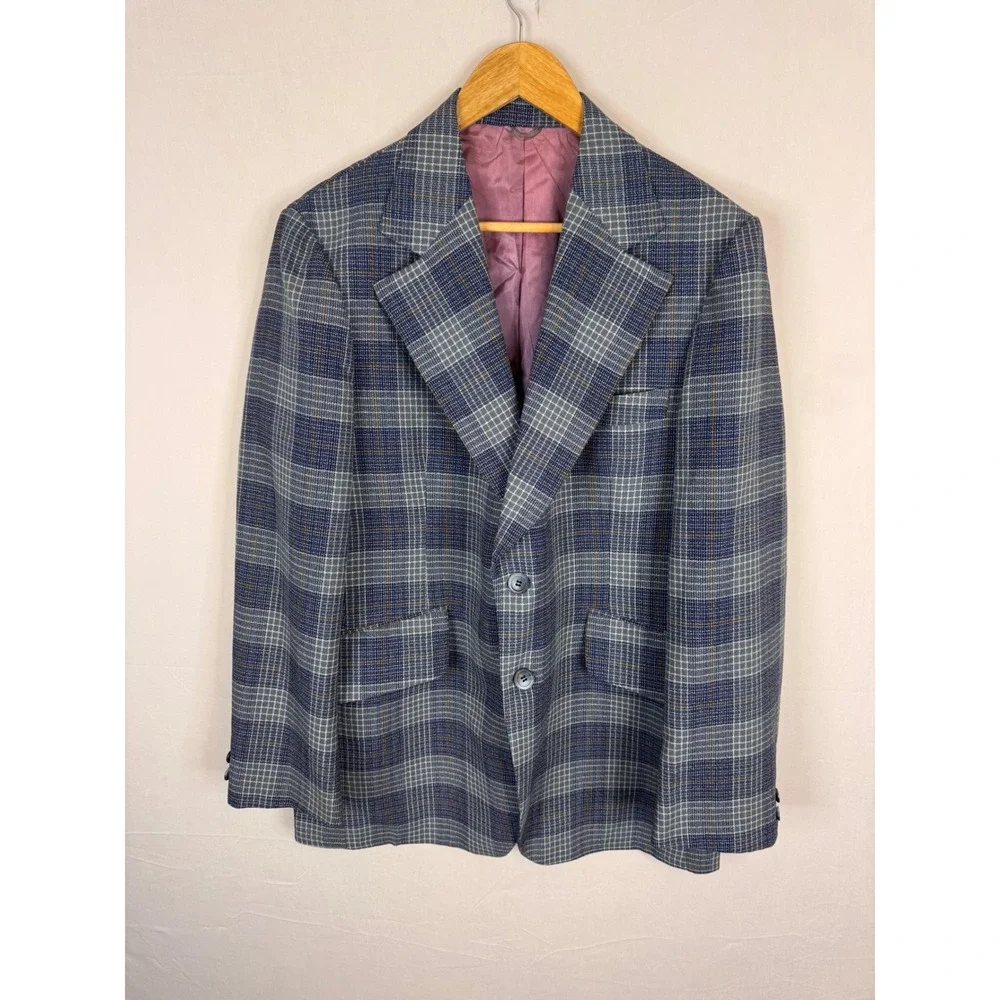 Vintage‎ Zellers Mens 40R  Shop Blue Grey Plaid Wool Blend Blazer Sport Coat 70s